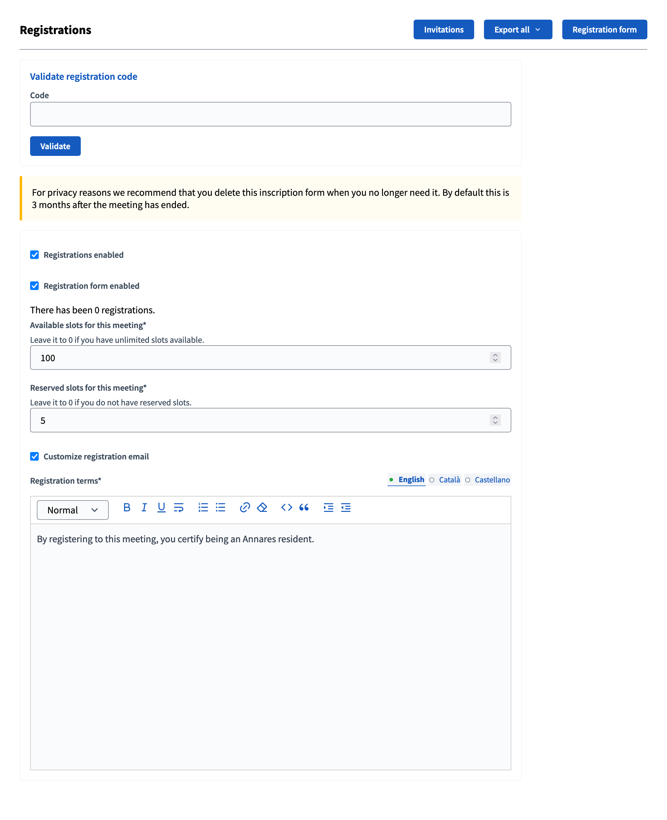 Registrierungseinstellungen in einem Meeting