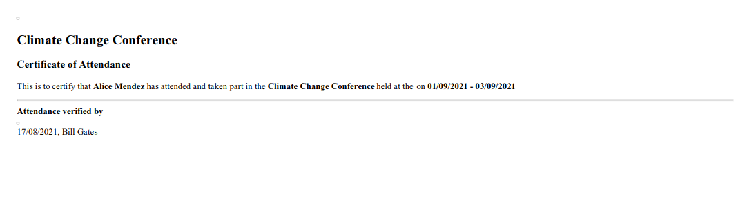 Conferences Certificate of Attendance frontend