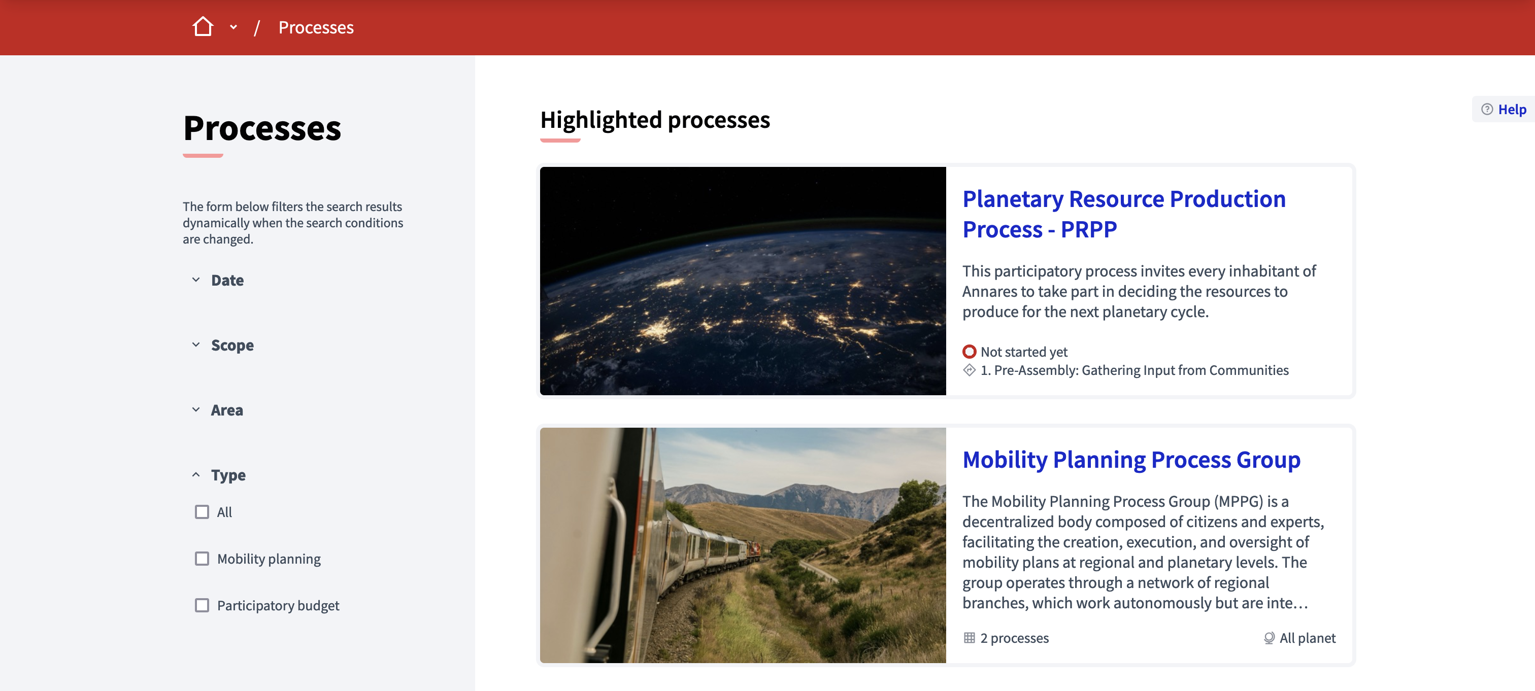 Process types filter in the processes index