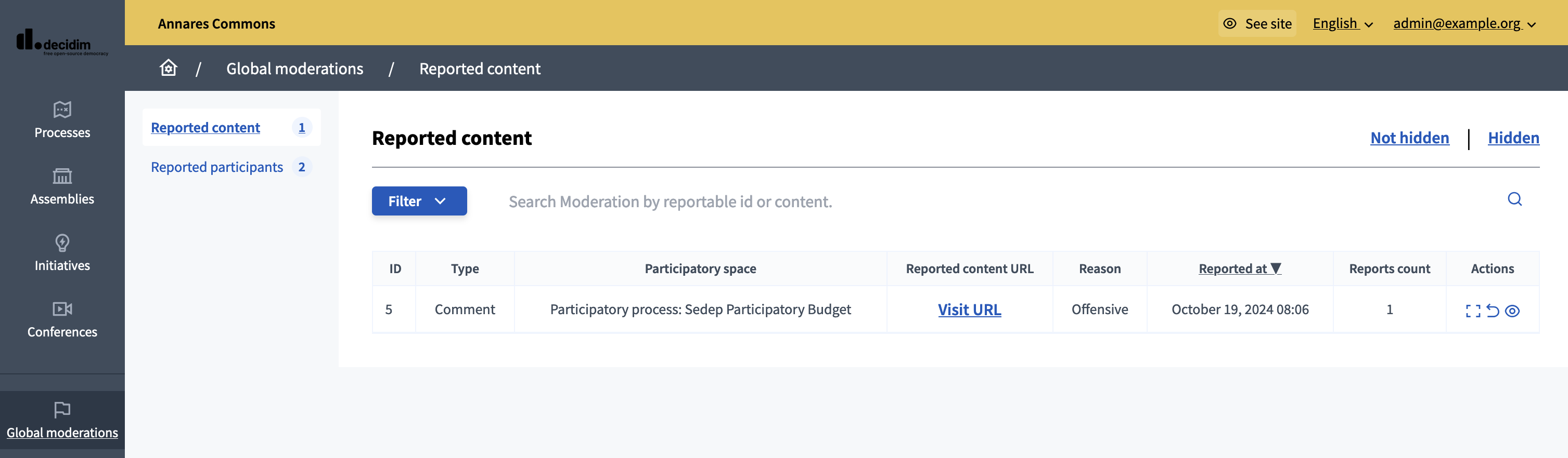 Panneau de modération globale pour le contenu