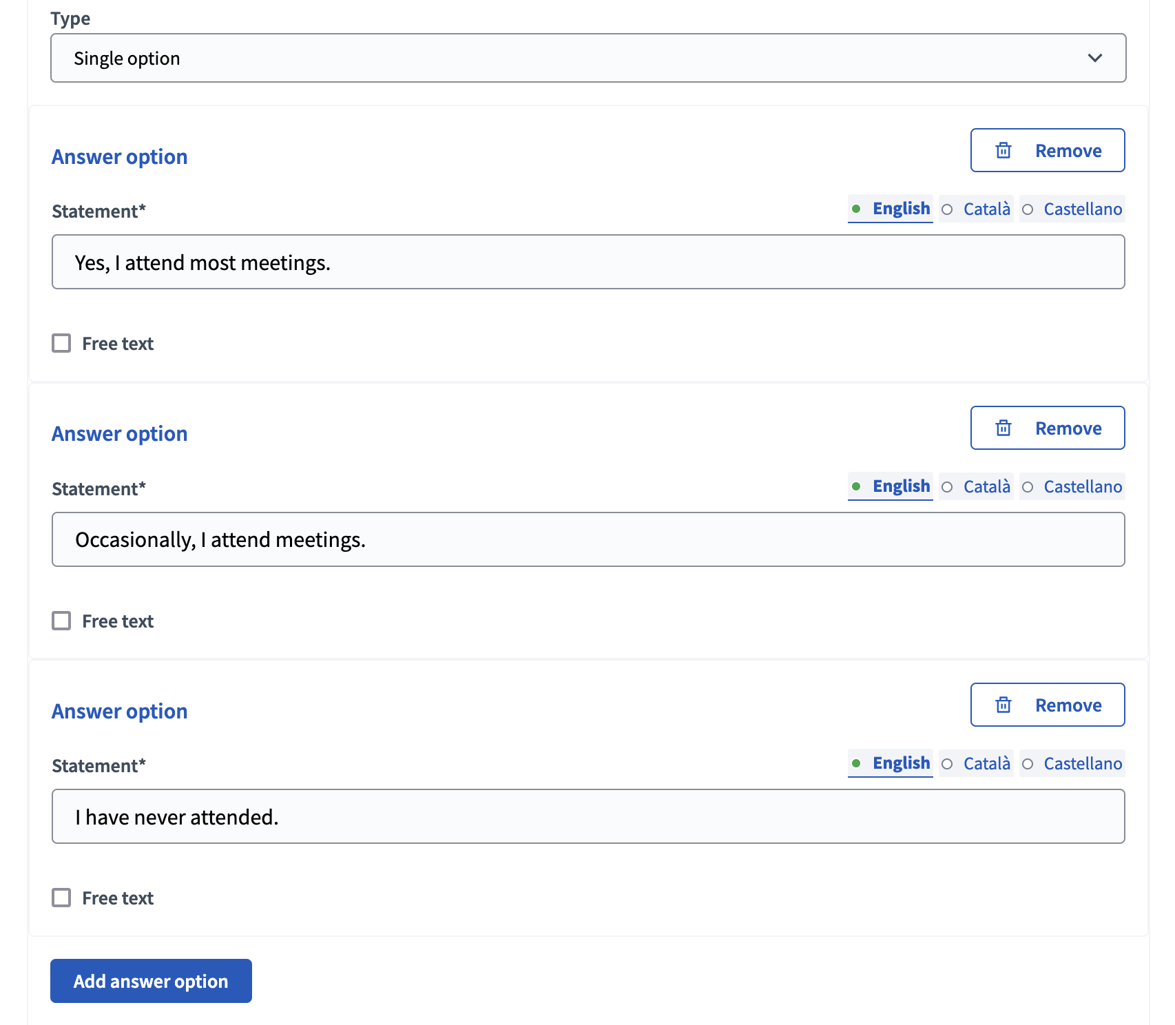 Tipo de opção única - backend
